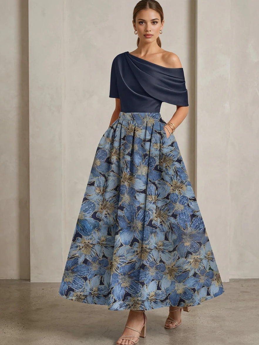 Navy Blue short mother of the bride dress, front view showing the a-line silhouette