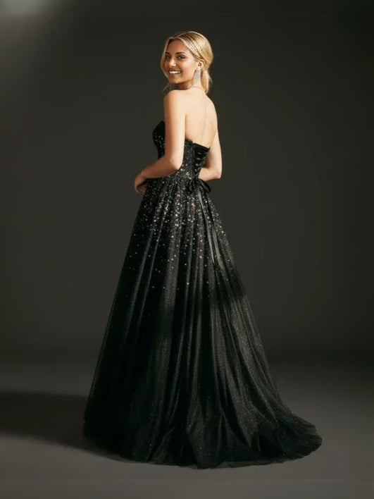 Black floor-length prom dress, front view showing the a-line silhouette