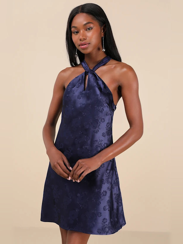 Floral mini homecoming dress, front view showing the silhouette