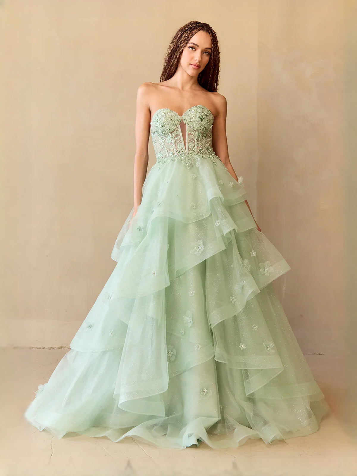Sage Green floor-length prom dress, front view showing the a-line silhouette