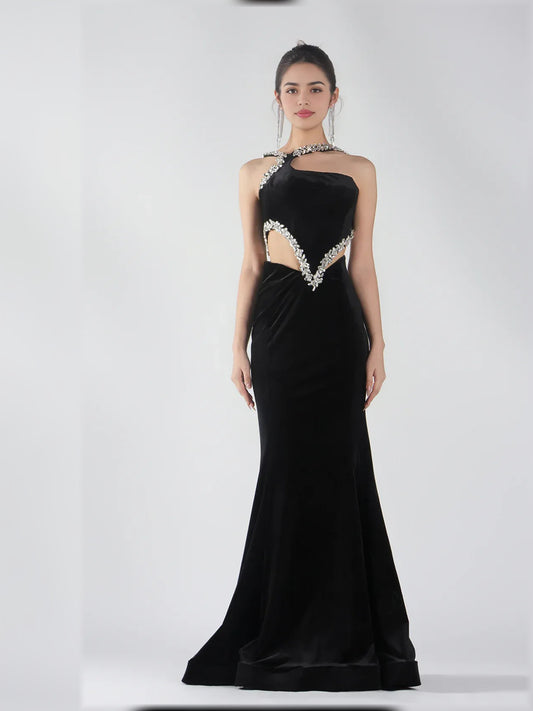 Black mermaid floor-length formal dress with halter neckline, full-length front view