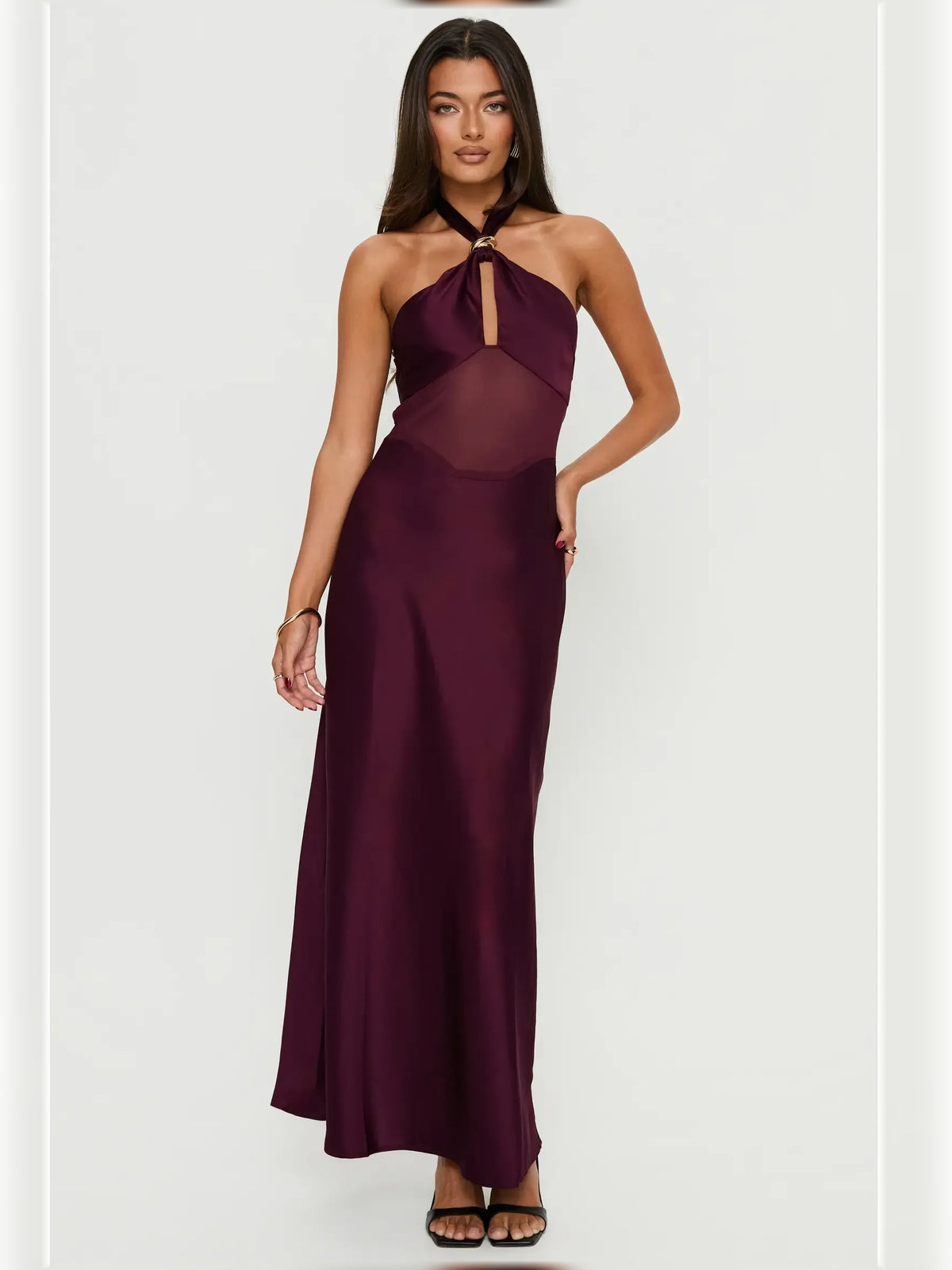 Plum bodycon floor-length formal dress with halter neckline, full-length front view