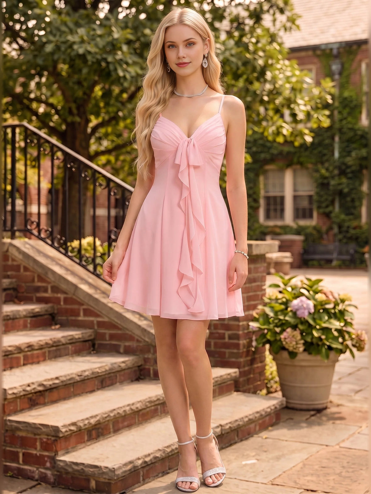 Light Pink mini homecoming dress, alternate view showing the full-length silhouette