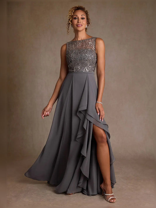 Grey floor-length mother of the bride dress, front view showing the a-line silhouette