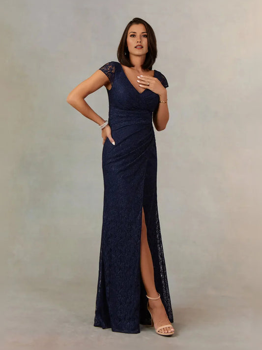 Dark Navy floor-length mother of the bride dress, front view showing the mermaid silhouette
