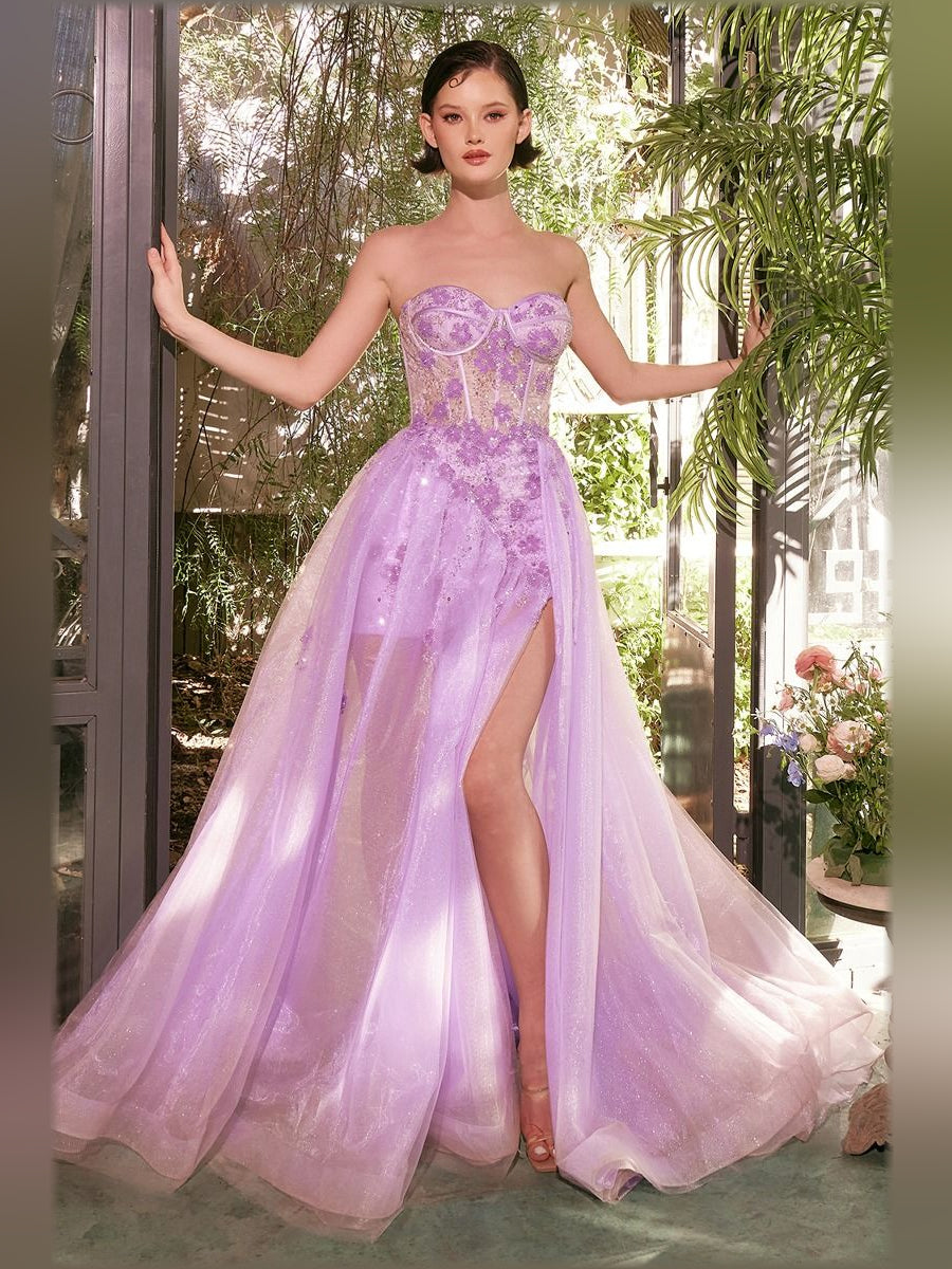 Lavender a-line floor-length formal dress with strapless neckline, full-length front view