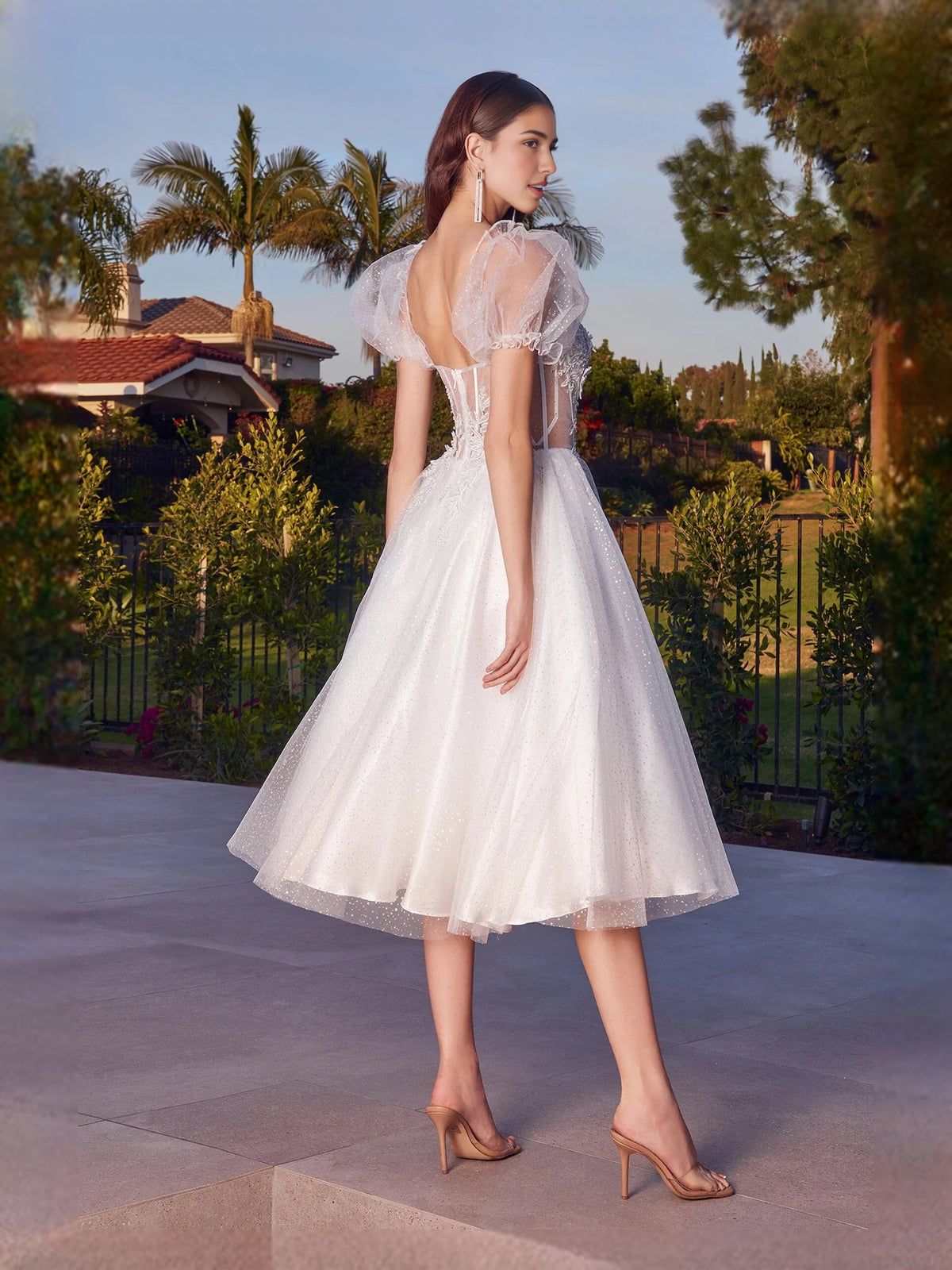 Ivory midi prom dress, front view showing the a-line silhouette