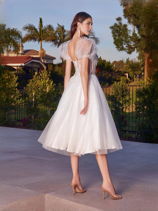 Ivory midi prom dress, front view showing the a-line silhouette