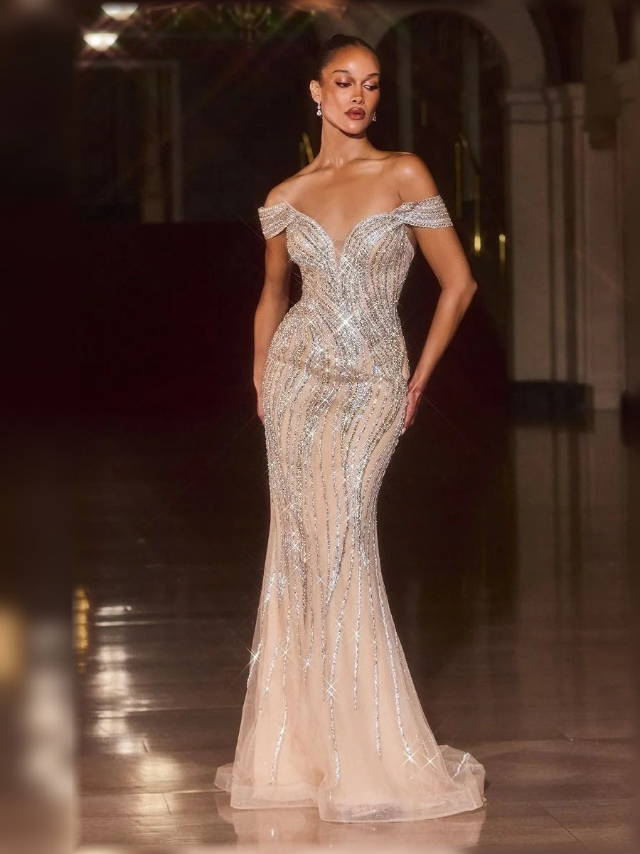 Champagne floor-length bridesmaid dress, front view showing the mermaid silhouette