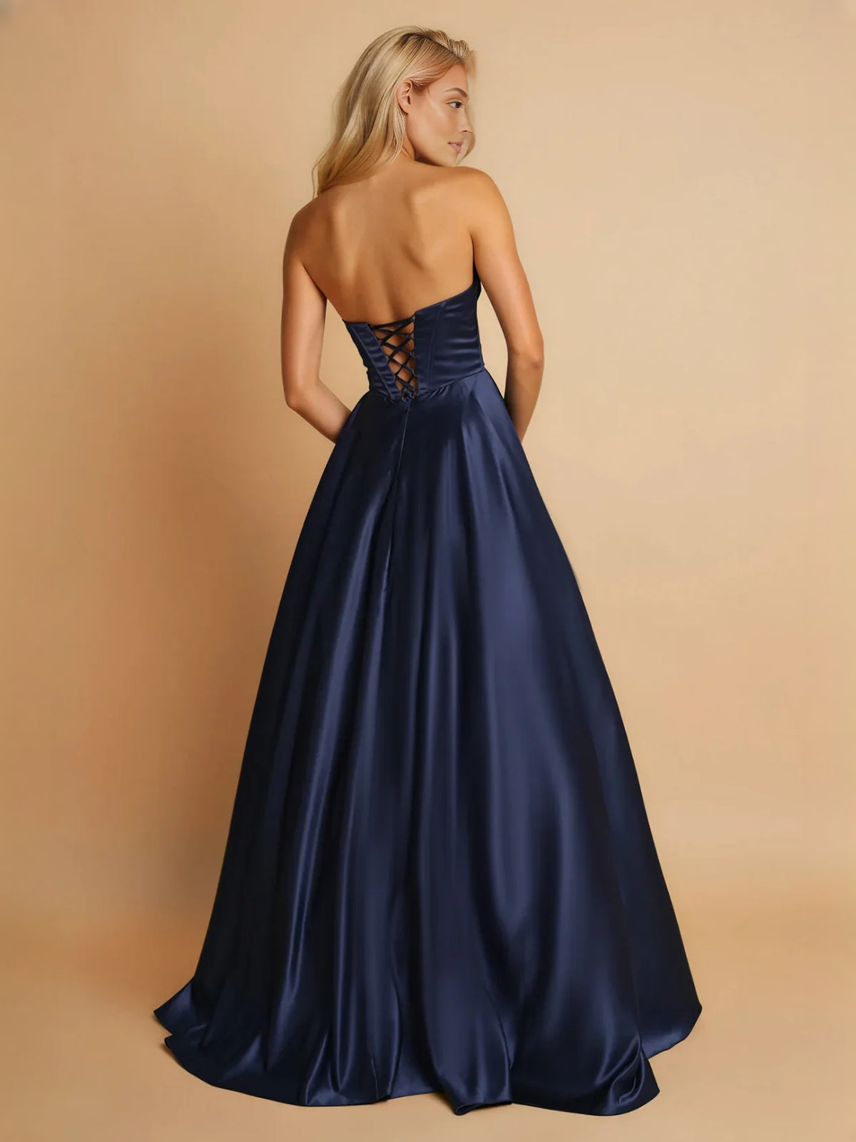 Dark Navy maxi prom dress, front view showing the ball-gown silhouette
