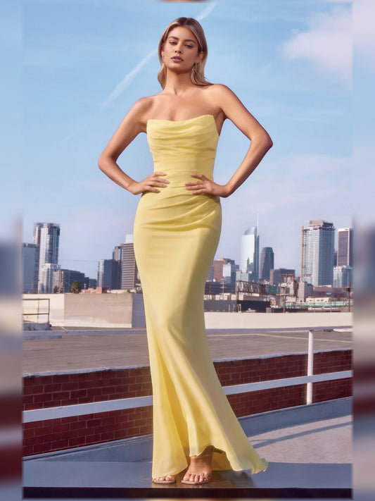 Pale Lemon mermaid floor-length formal dress with cowl neckline, full-length front view