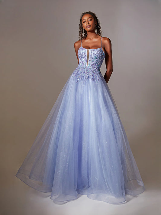Light Blue floor-length prom dress, front view showing the a-line silhouette