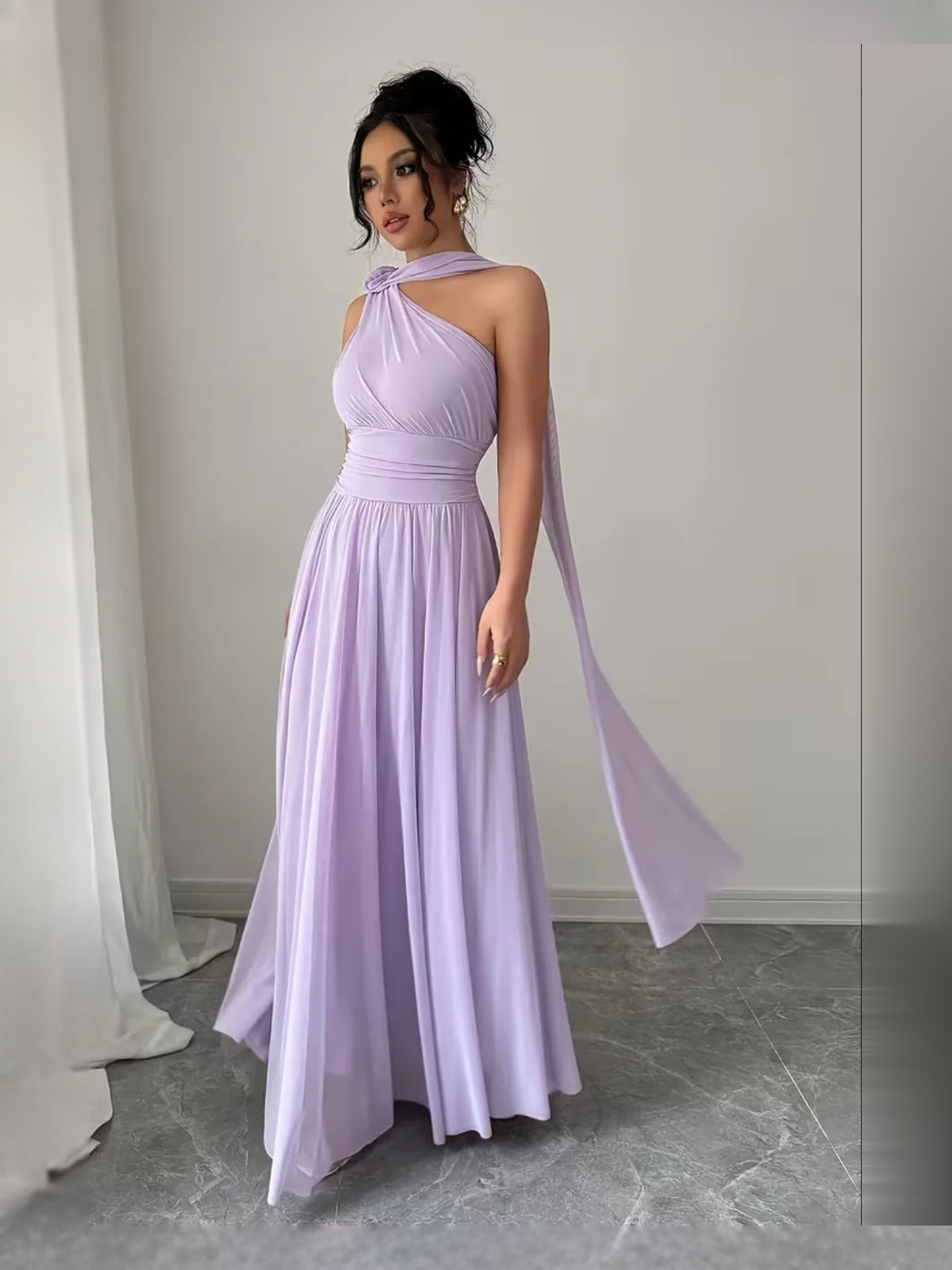 Lilac maxi prom dress, front view showing the column silhouette