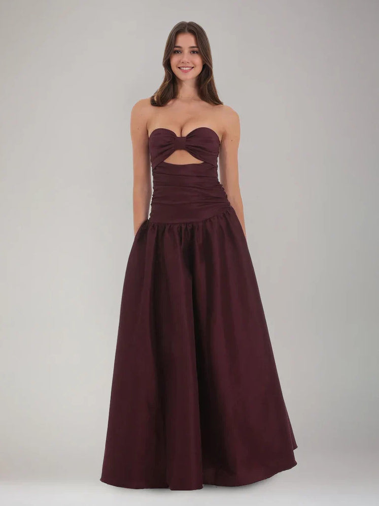 Cabernet maxi prom dress, front view showing the a-line silhouette
