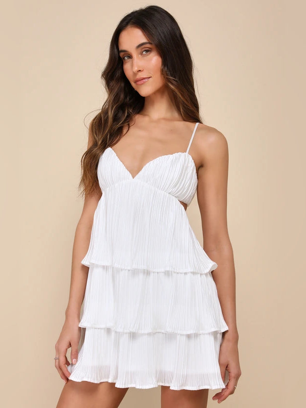 White mini homecoming dress, front view showing the silhouette