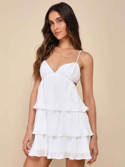 White mini homecoming dress, front view showing the silhouette