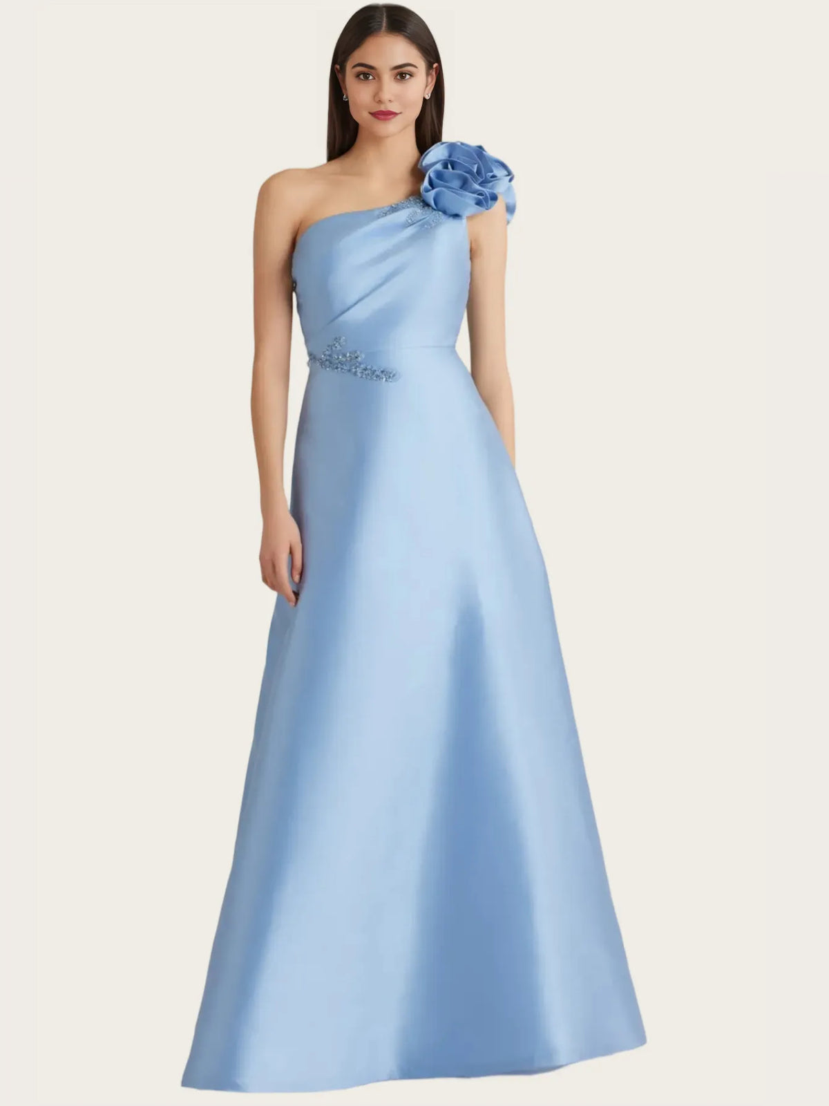 Light Blue a-line floor-length formal dress with one-shoulder neckline, full-length front view
