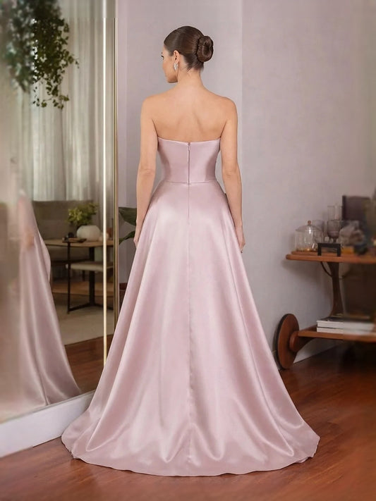 Blush Pink maxi prom dress, front view showing the a-line silhouette