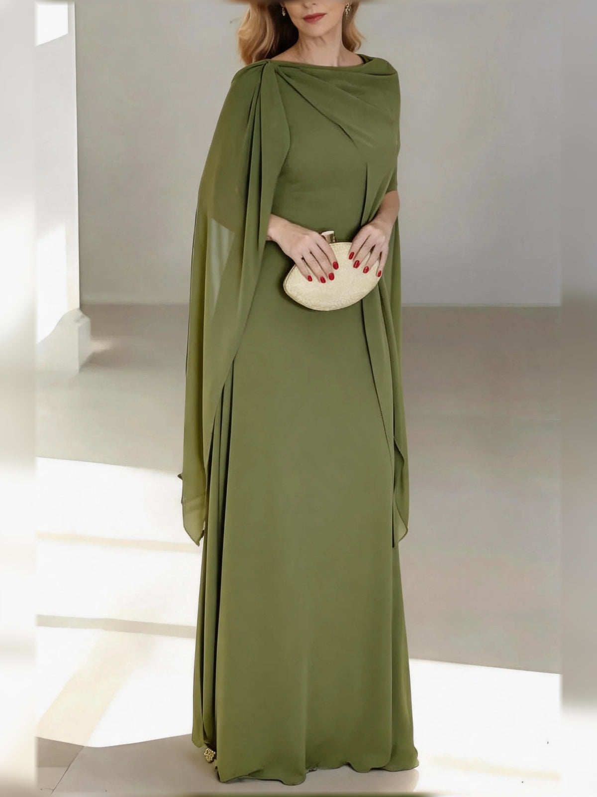 Olive Green floor-length mother of the bride dress, front view showing the a-line silhouette