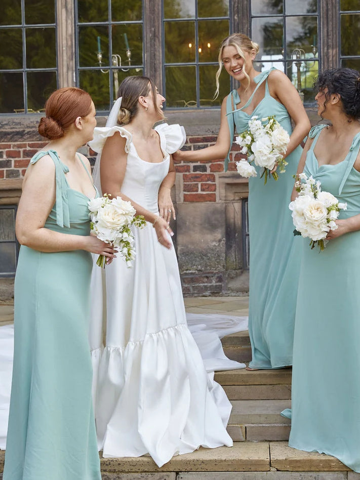 Dusty Sage maxi bridesmaid dress, front view showing the sheath silhouette