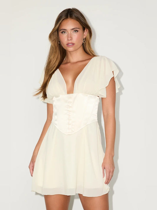 Ivory mini homecoming dress, front view showing the silhouette