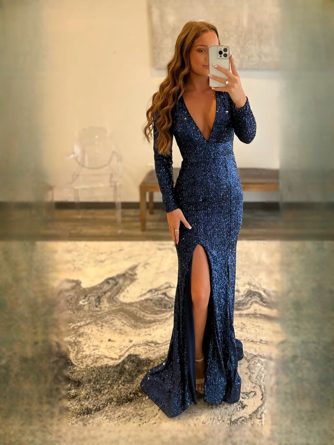 Navy Blue maxi prom dress, front view showing the mermaid silhouette