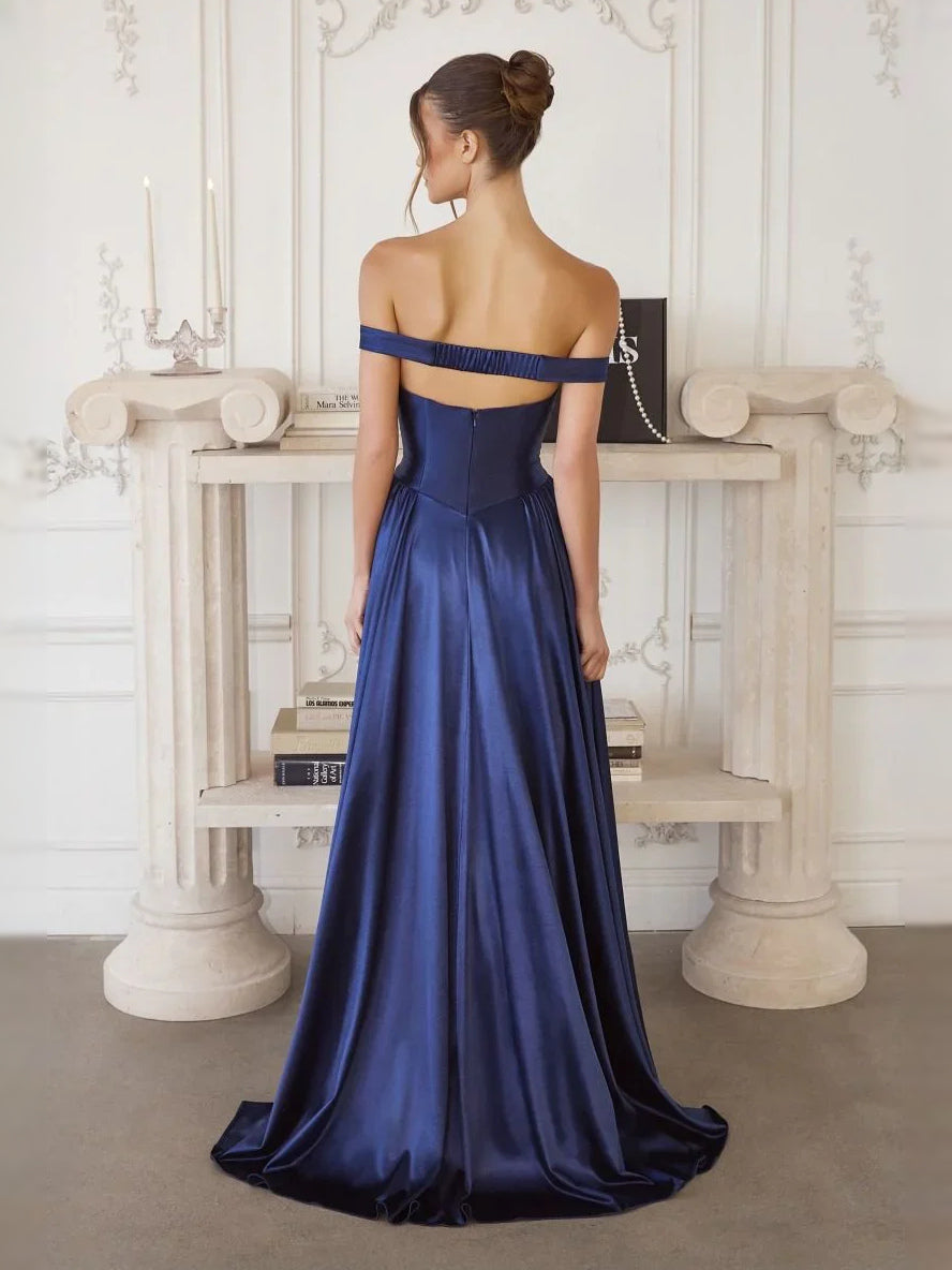 Dark Blue maxi prom dress, front view showing the a-line silhouette