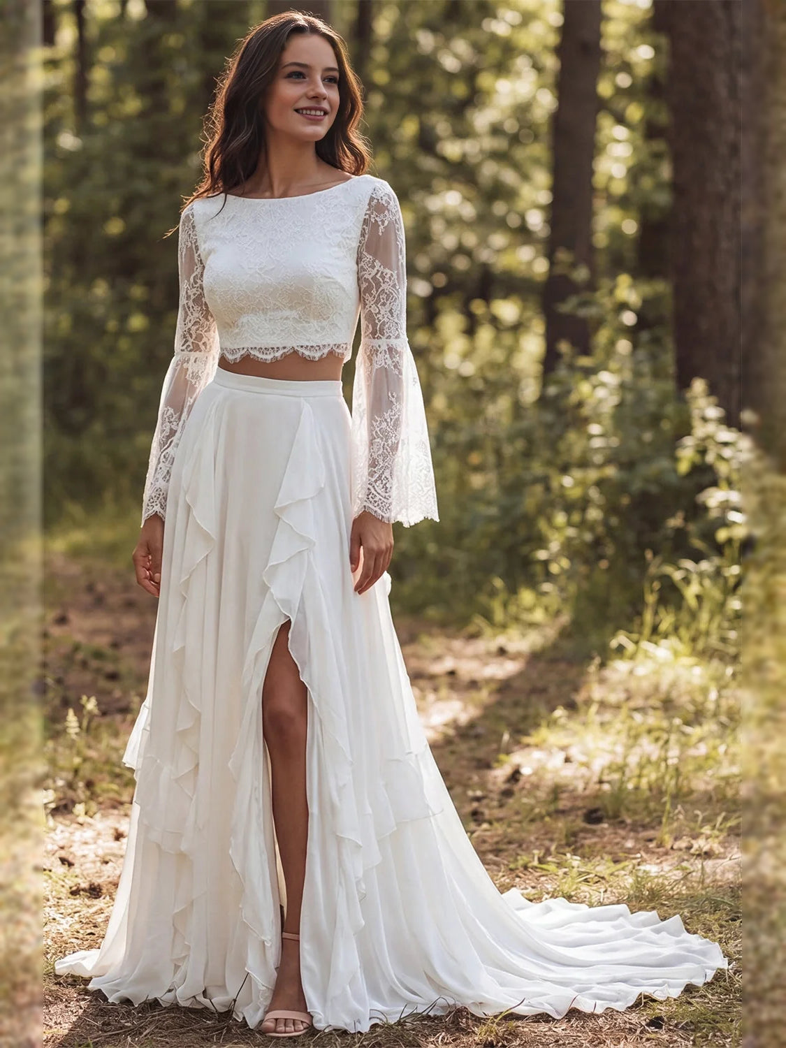 Ivory floor-length wedding dress, front view showing the a-line silhouette