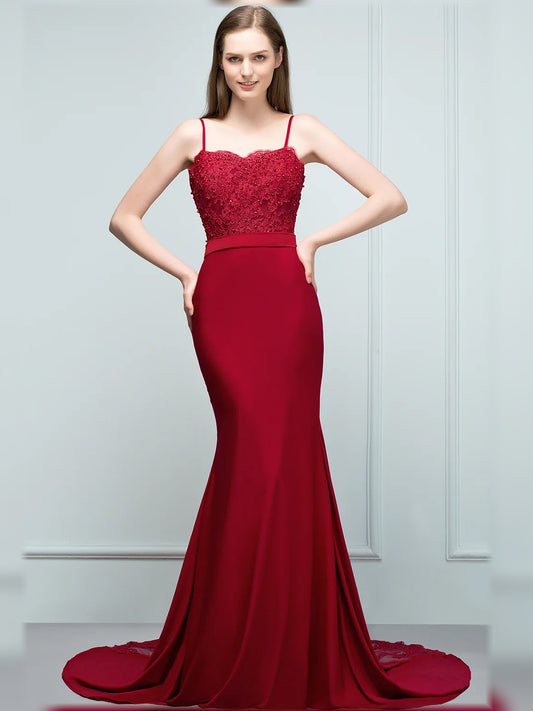 Red floor-length bridesmaid dress, front view showing the mermaid silhouette