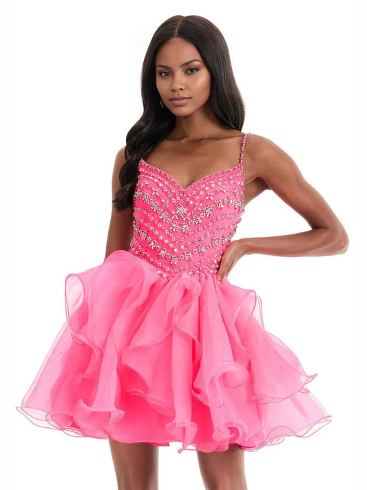 Hot Pink mini homecoming dress, alternate view showing the full-length silhouette