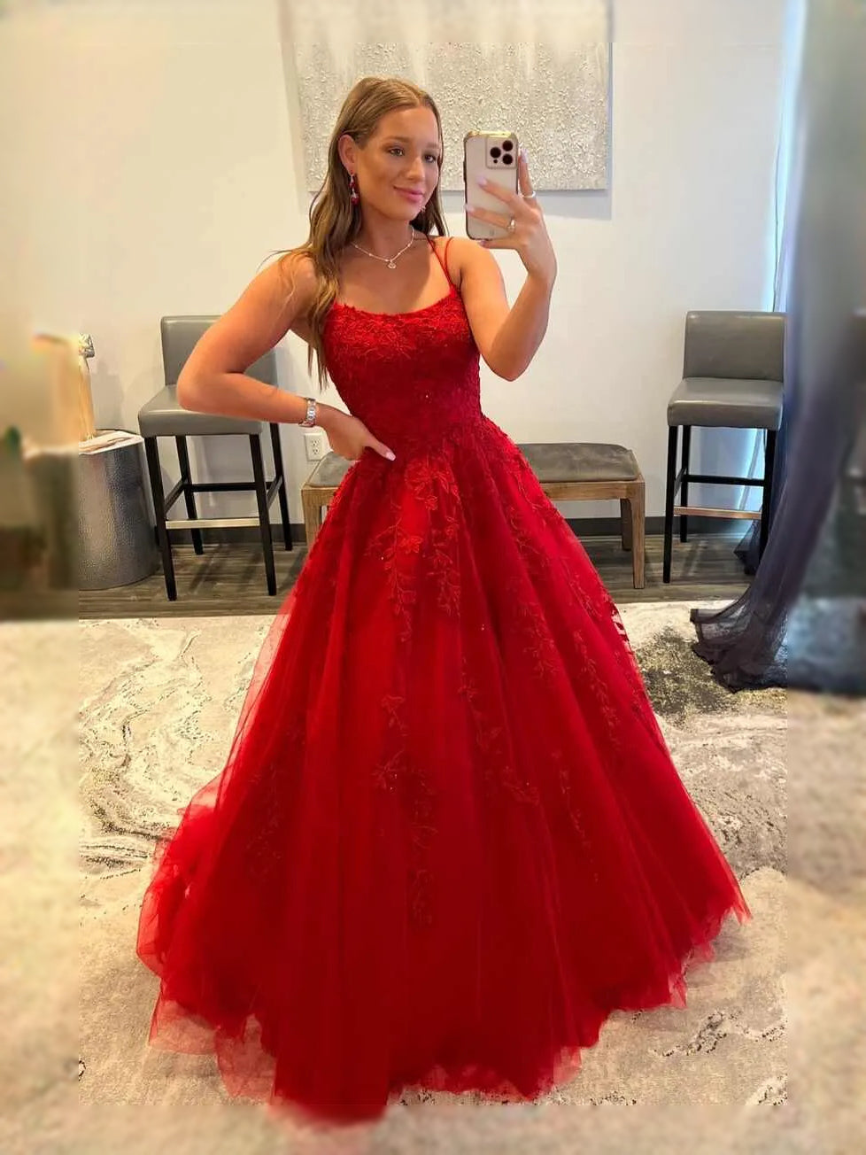 Red maxi prom dress, front view showing the a-line silhouette