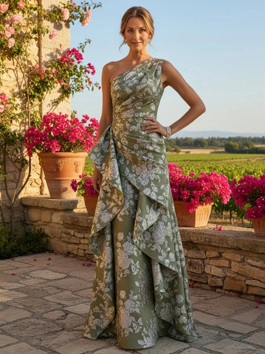 Green maxi mother of the bride dress, front view showing the mermaid silhouette