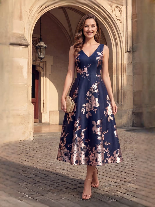 Dark Blue tea-length mother of the bride dress, front view showing the a-line silhouette