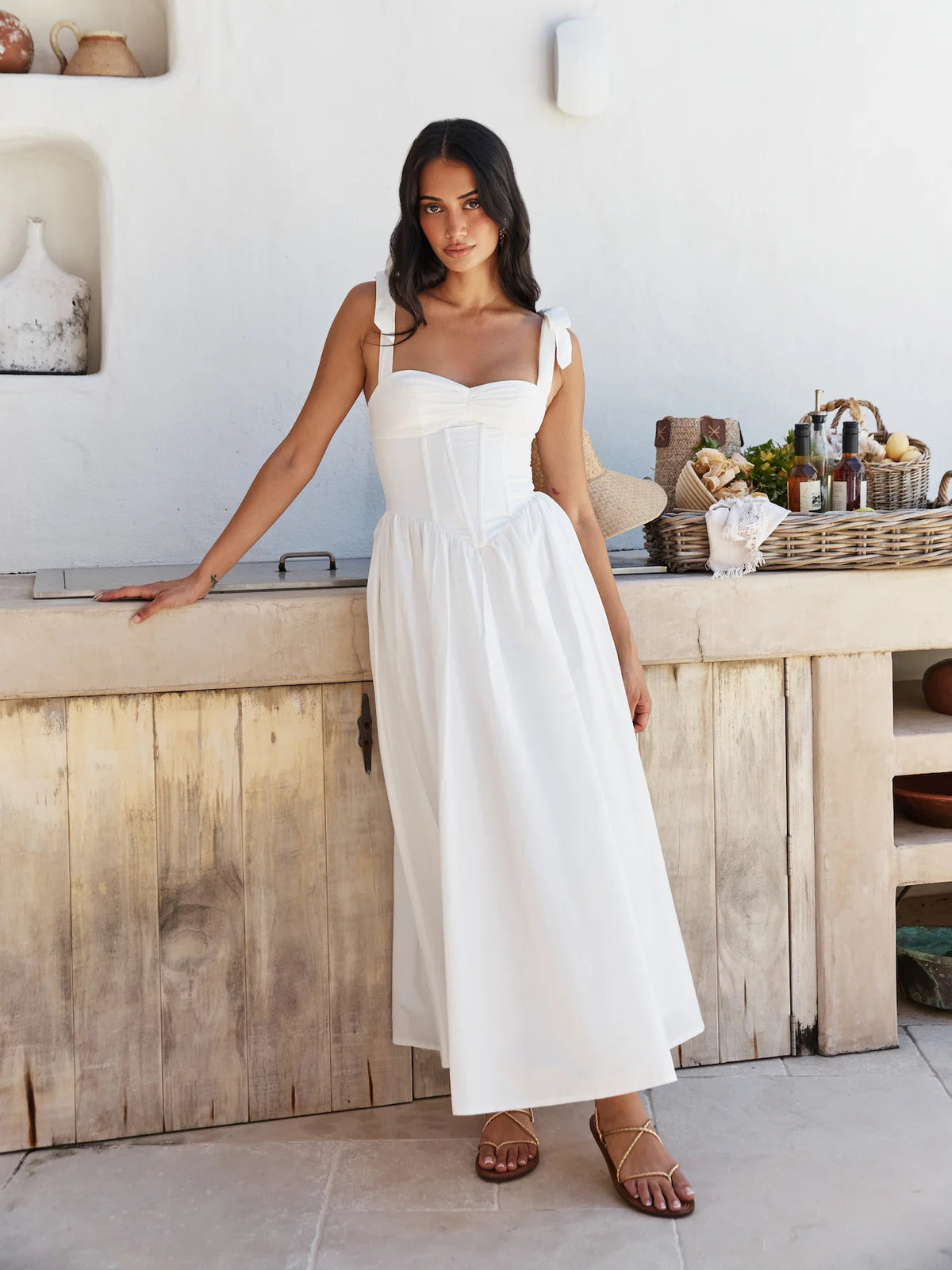 White midi formal dress, full-length front view