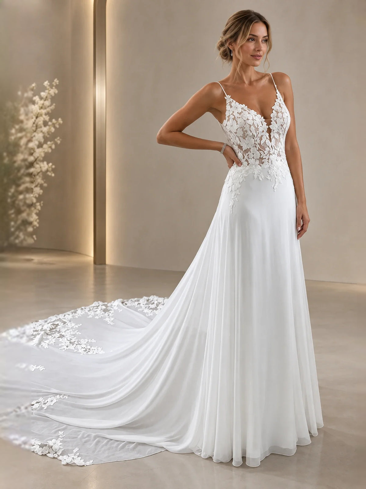 White floor-length wedding dress, front view showing the a-line silhouette