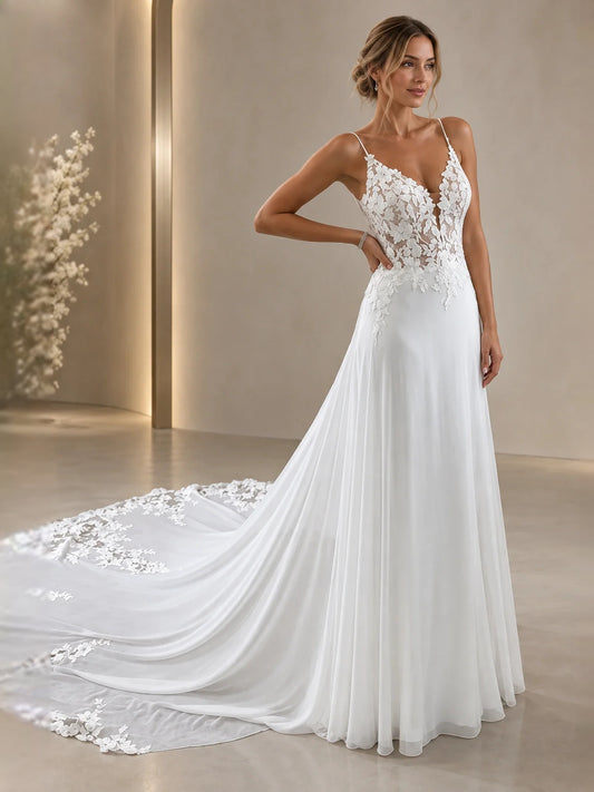 White floor-length wedding dress, front view showing the a-line silhouette