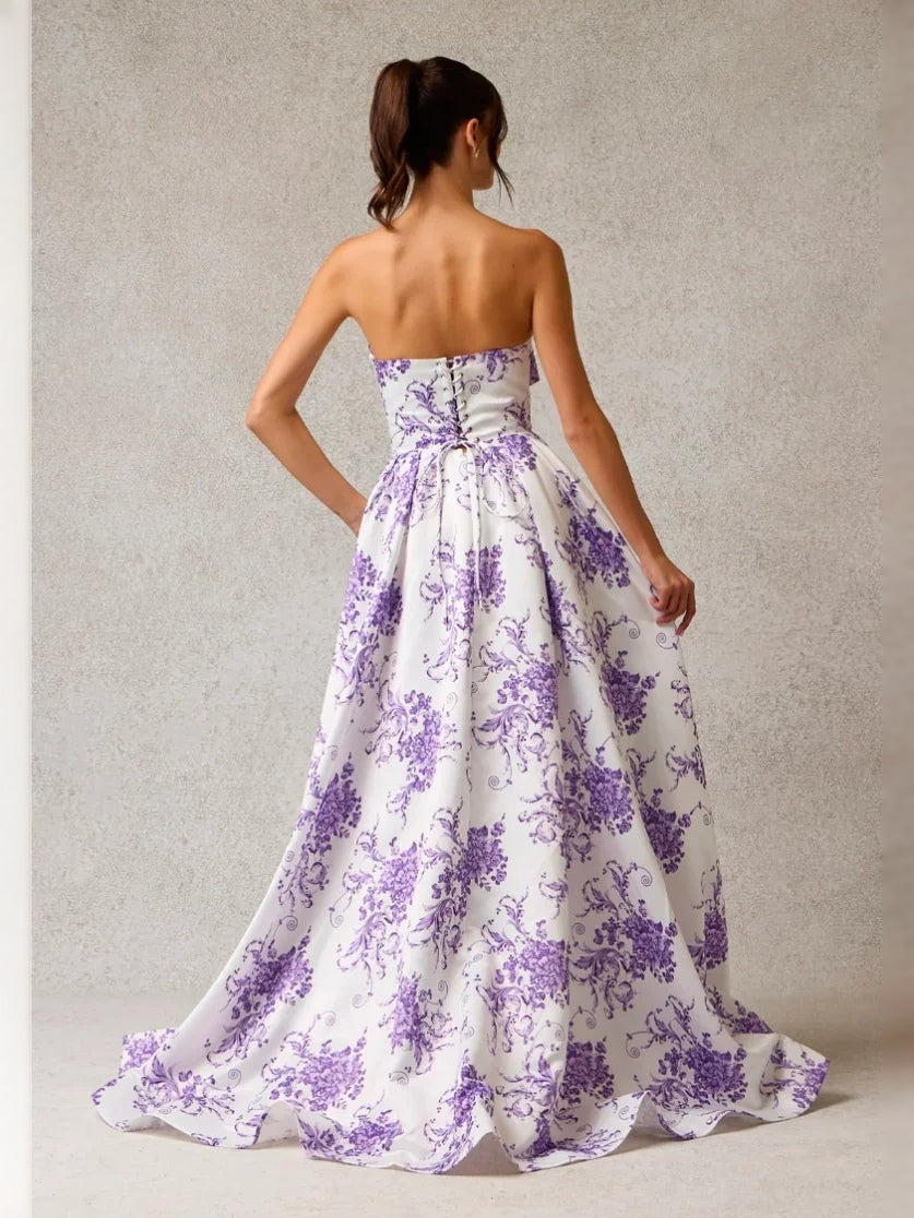 Blue maxi prom dress, front view showing the a-line silhouette