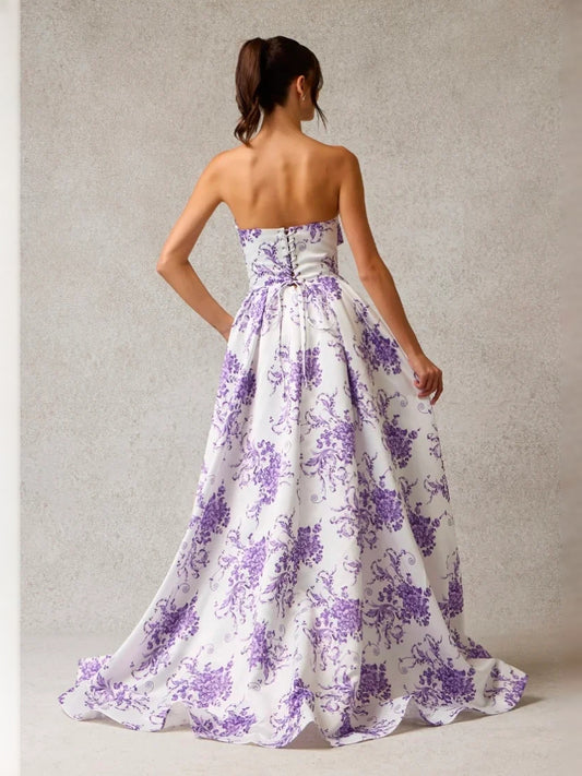Blue maxi prom dress, front view showing the a-line silhouette