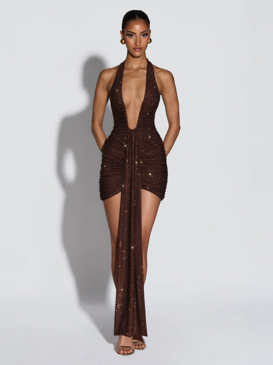 Brown mini homecoming dress, front view showing the silhouette