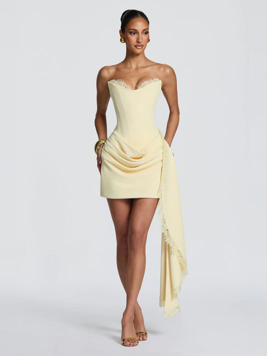 Lemon mini homecoming dress, front view showing the silhouette