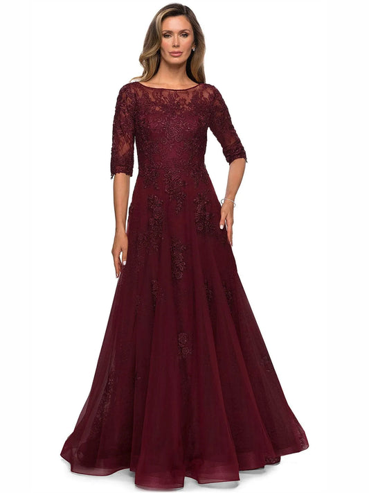 Burgundy floor-length mother of the bride dress, front view showing the a-line silhouette