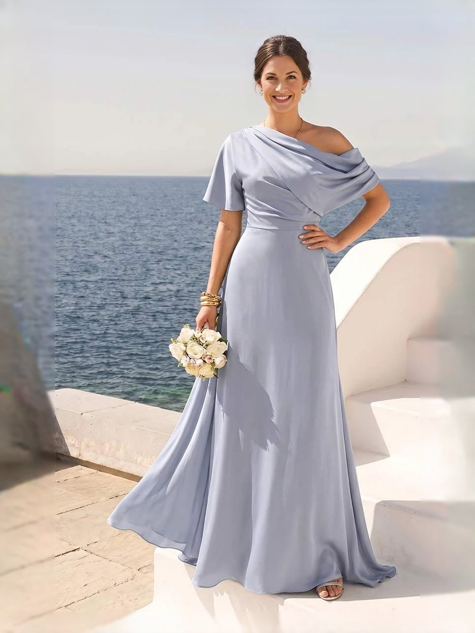 Dusty Blue floor-length mother of the bride dress, front view showing the mermaid silhouette