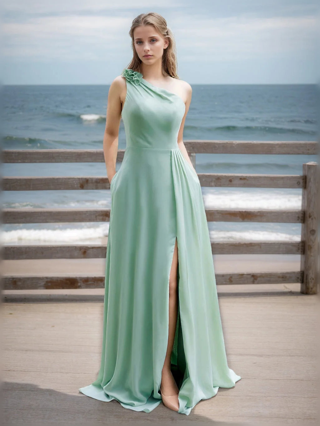 Dusty Sage floor-length bridesmaid dress, front view showing the a-line silhouette