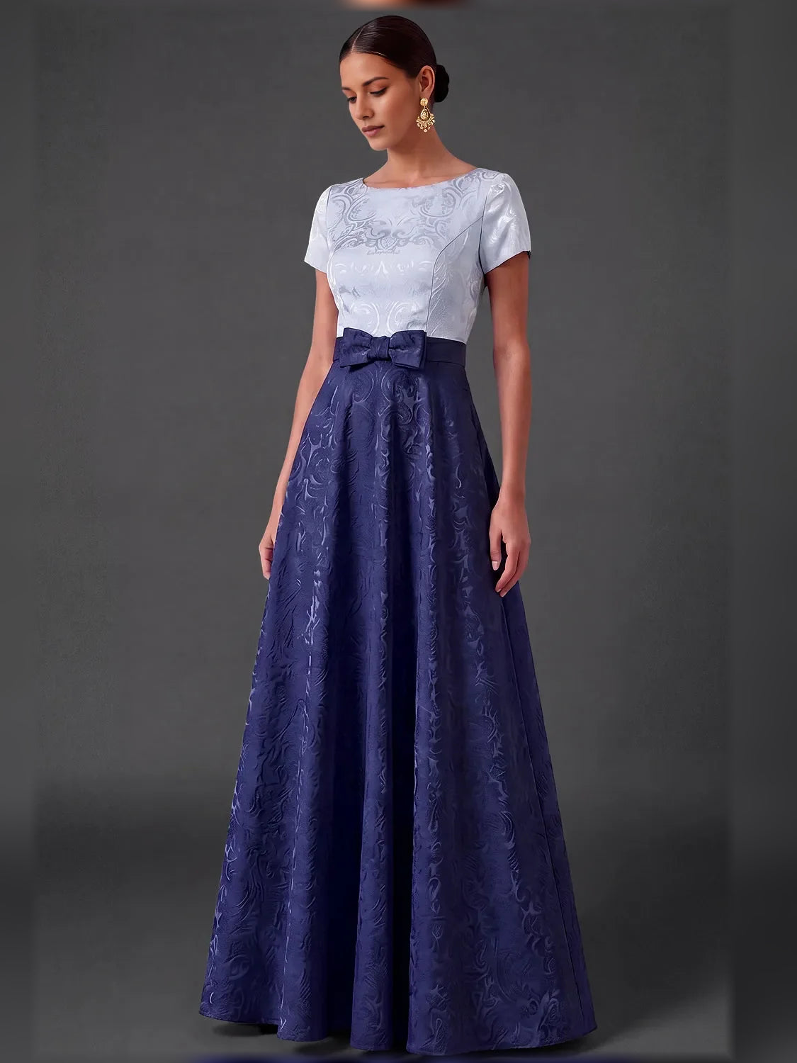Navy Blue short mother of the bride dress, front view showing the a-line silhouette