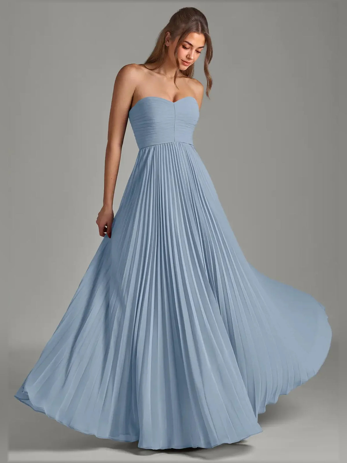 Dusty Blue a-line floor-length formal dress with strapless neckline, full-length front view