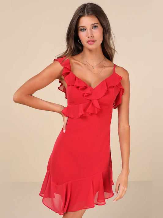 Red mini homecoming dress, front view showing the asymmetrical silhouette