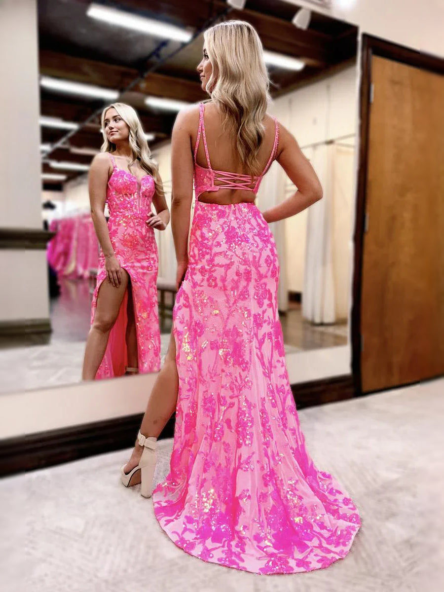Hot Pink maxi prom dress, front view showing the a-line silhouette