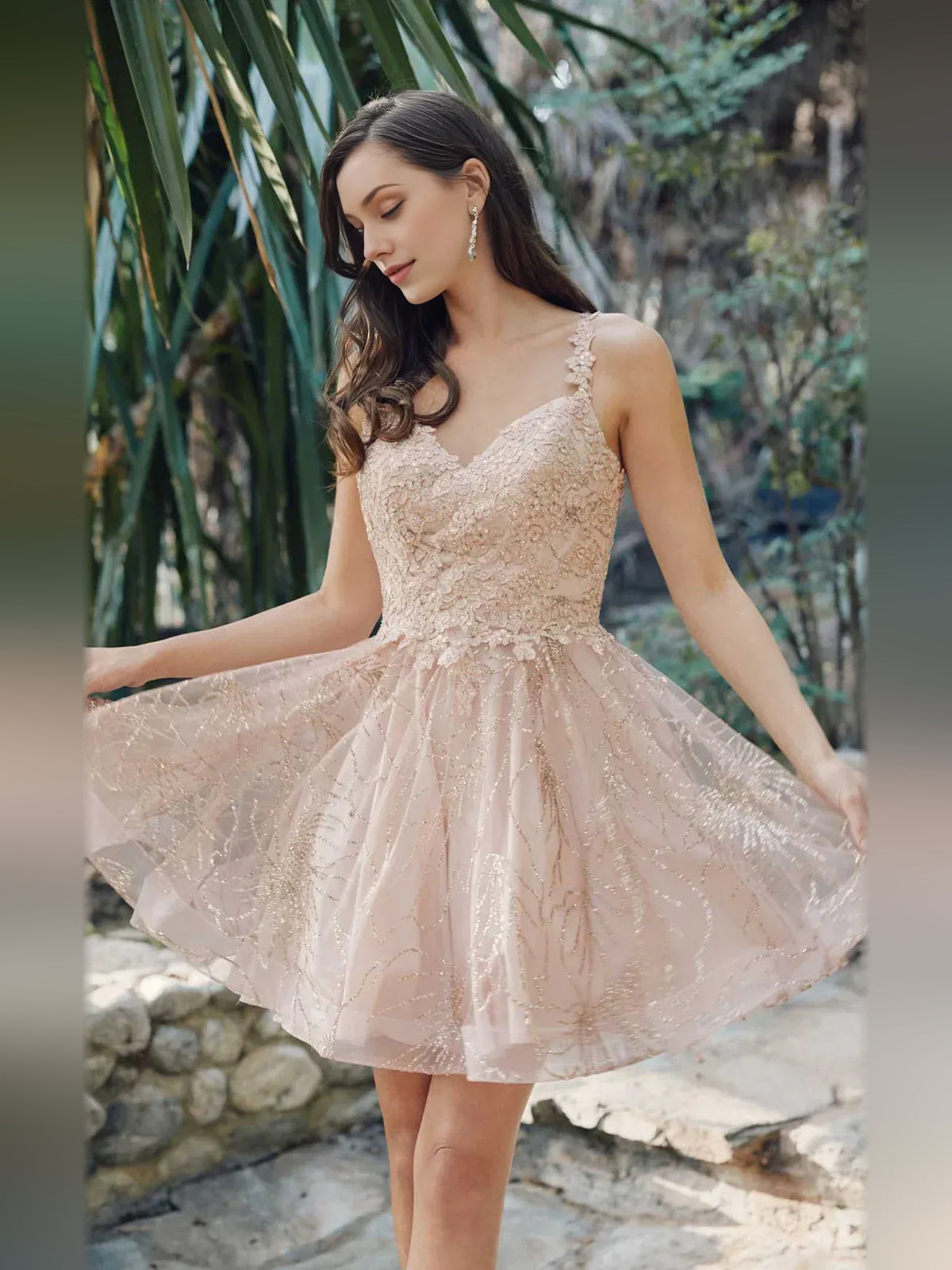 Champagne mini homecoming dress, alternate view showing the full-length silhouette