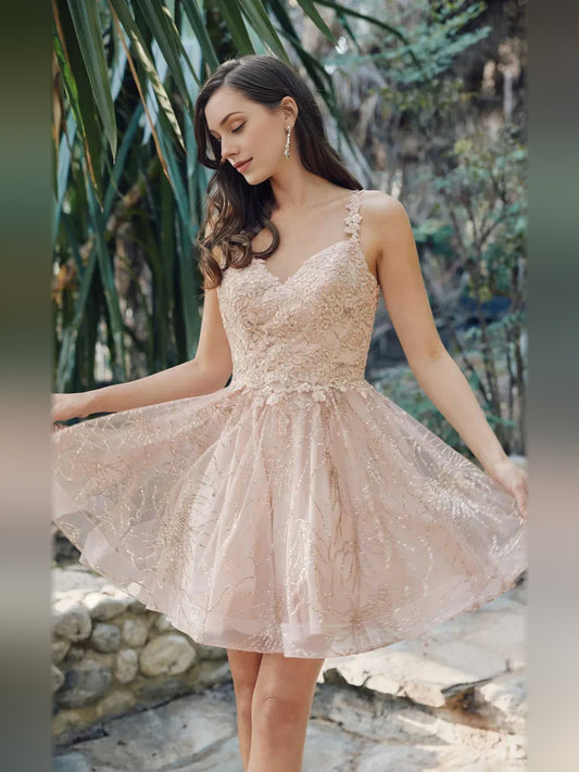 Champagne mini homecoming dress, alternate view showing the full-length silhouette