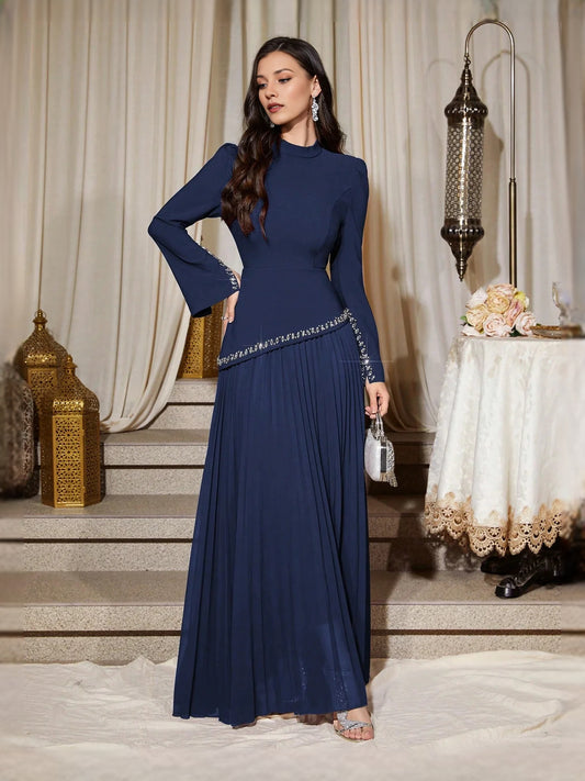 Navy Blue maxi mother of the bride dress, front view showing the a-line silhouette